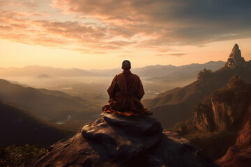 Obraz premium Buddhist monk in meditation at beautiful sunset or sunrise background on high mountain.generative ai