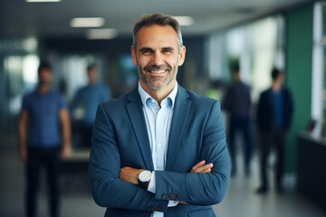 Business concept. Portrait of middle aged business man ceo standing in office with arms crossed. Neutral office background with copy space. Generative AI