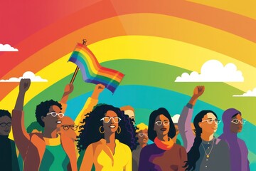 Celebrate equality with a colorful parade of people waving rainbow flags. LGBT community comes together for a proud and diverse event. Concept of celebrating diversity and love.