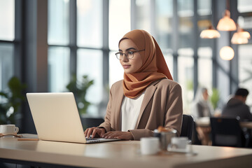 A woman wearing a hijab and working on a laptop