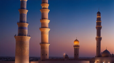 Fototapeta na wymiar Spiritual minaret illuminates ancient Arabian city skyline at dusk. Generative AI.