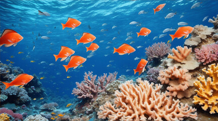 Fototapeta na wymiar Multi Ed fish swarm soft coral in tropical reef. Generative AI.