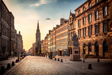 The view of the Royal Mile and the Adam Smith Statue in the sunrise hours - obrazy, fototapety, plakaty