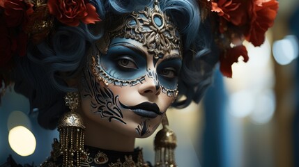 Sugar skull face baroque style fashion photography. Generative AI