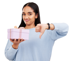 Gift, thumbs down and portrait of a young woman with a disappointed, upset or unhappy expression. Present, moody and female model with a negative hand gesture isolated by a transparent png background