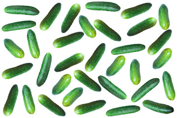 Randomly flying fresh cucumbers isolated on transparent background.