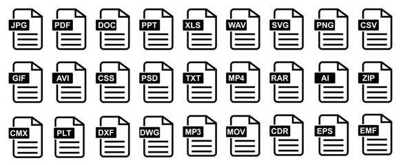 File format of document icons. Vector illlustration. JPG, PDF, DOC, PPT, XLS, MP4, RAR, PSD, EPS, AI, ZIP, MP3, MPV, GSF and more. editable file