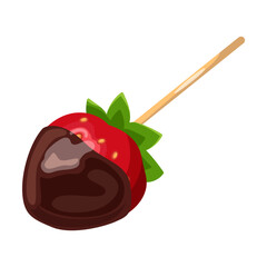Chocolate dipped strawberry on stick vector illustration. Drawing of berry with chocolate, snack on stick isolated on white background. Dessert, food, confectionery concept