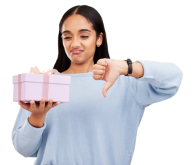Gift, woman and thumbs down sign, disappointed and upset with birthday product, Christmas present and disagreement opinion. Emoji dislike icon, box and unhappy person on transparent, png background