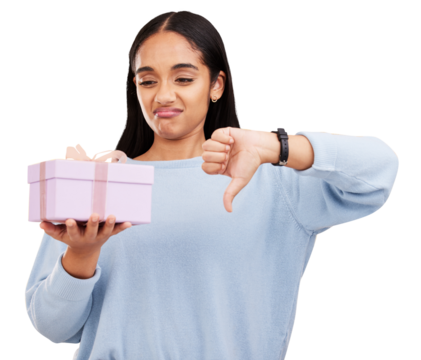 Gift, woman and thumbs down sign, disappointed and upset with birthday product, Christmas present and disagreement opinion. Emoji dislike icon, box and unhappy person on transparent, png background