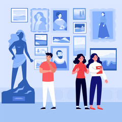 People visiting art gallery vector illustration. Happy friends enjoying paintings and sculptures, discussing art and culture. Art exhibition, cultural heritage, education concept