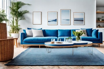 Blue theme modern living room with furniture. AI-Generated