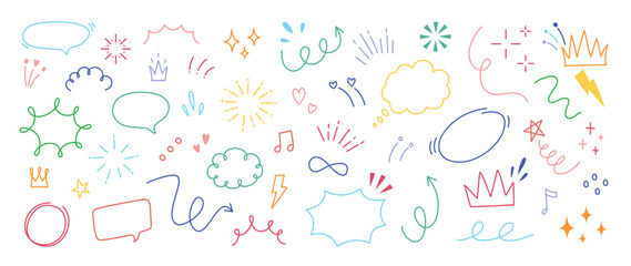 Set of cute pen line doodle element vector. Hand drawn doodle style collection of arrow, speech bubble, firework, thunder, scribble, colorful. Design for decoration, sticker, idol poster, social media