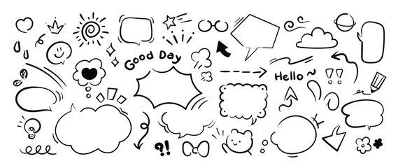 Set of cute pen line doodle element vector. Hand drawn doodle style collection of speech bubble, arrow, word, heart, flower, star, cloud. Design for decoration, sticker, idol poster, social media