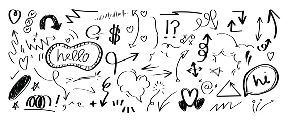Set of cute pen line doodle element vector. Hand drawn doodle style collection of speech bubble, arrow, firework, star, heart, word. Design for decoration, sticker, idol poster, social media.