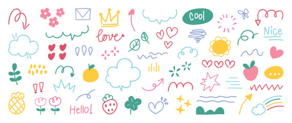 Set of cute pen line doodle element vector. Hand drawn doodle style collection of arrow, speech bubble, crown, flower, scribble, colorful. Design for decoration, sticker, idol poster, social media. © TWINS DESIGN STUDIO