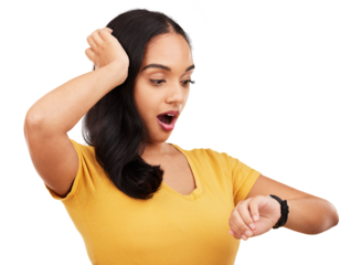 Isolated woman, surprise and late with wristwatch, date or time management for by transparent png background. Girl, young student and shock with smart watch, anxiety or stress for mistake on schedule