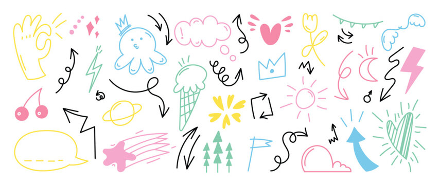 Set of cute pen line doodle element vector. Hand drawn doodle style collection of arrow, speech bubble, crown, flower, scribble, colorful. Design for decoration, sticker, idol poster, social media.