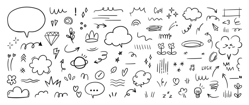 Set of cute pen line doodle element vector. Hand drawn doodle style collection of speech bubble, arrow, firework, star, heart, flower. Design for decoration, sticker, idol poster, social media.