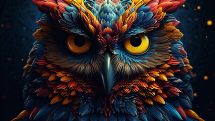 AI Generative. Closed up colorful fave and eye of owl.