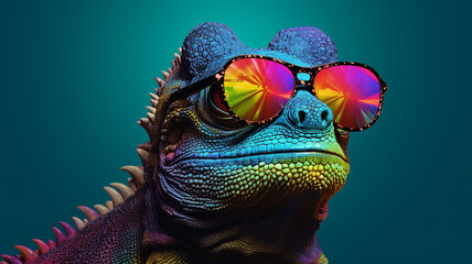 AI Generative. Chameleon wearing sunglasses on a solid color background