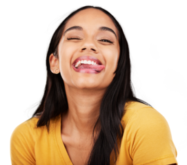 Woman, wink and portrait with tongue isolated on a transparent png background for good mood, meme and personality. Happy, funny face and young female model with emoji, expression and playful reaction