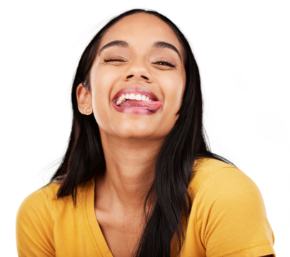 Woman, wink and portrait with tongue isolated on a transparent png background for good mood, meme and personality. Happy, funny face and young female model with emoji, expression and playful reaction