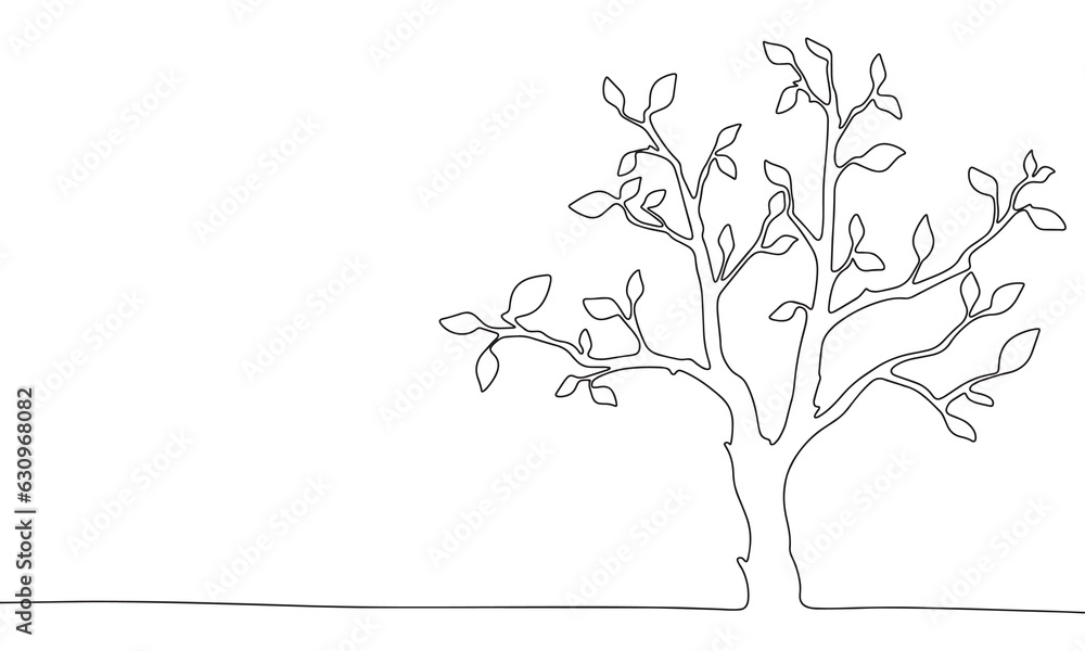 Poster one line continuous tree with leaves. line art of spring concept banner. outline vector illustration