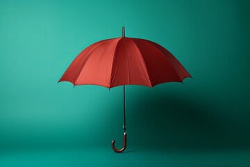 Red Beach Umbrella On An Isolated Green Background, Generative AI
