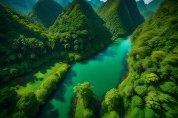 bird's eye view of green grass and water. AI-Generated