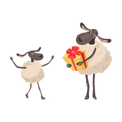 Comic mother sheep giving present to baby vector illustration. Cartoon drawing of little animal character getting gift from mom isolated on white background. Birthday, celebration concept