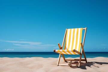  Yellow And White Beach Chair On An Isolated Blue Background, Generative AI