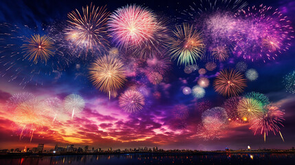 Fototapeta na wymiar Colorful fireworks explode in the sky on New Year