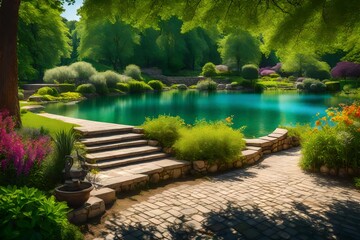 pond in the garden. AI-Generated