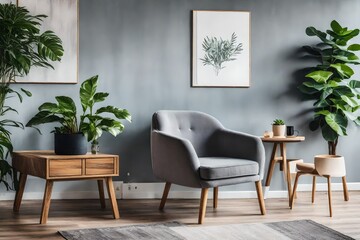 modern living room with grey chair and white mockup on the wall. AI-Generated