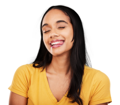 Woman, face and funny with tongue out isolated on a transparent png background for good mood, meme or personality. Happy, crazy and silly young gen z model with emoji, expression and playful reaction