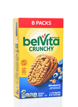 IRVINE, CALIFORNIA - 3 AUG 2023: A box of belVita Crunchy Breakfast Biscuits Blueberry flavor.
