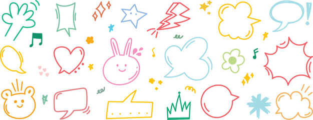 Set of cute pen line doodle element vector. Hand drawn doodle style collection of arrow, speech bubble, crown, flower, scribble, colorful. Design for decoration, sticker, idol poster, social media.