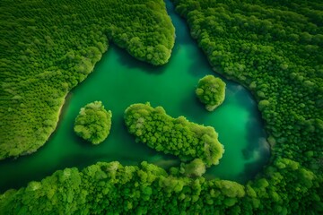 bird's eye view of green grass and water.  AI-Generated