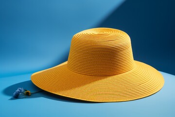 Fototapeta na wymiar Yellow Sun Hat On An Isolated Blue Background, Generative AI