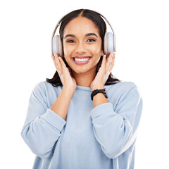Headphones, happy and portrait of young woman listen to music, radio or podcast with smile....