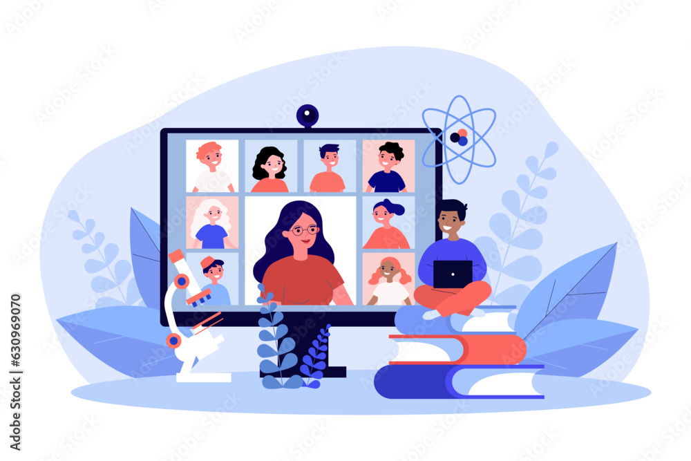 Aufkleber happy student listening to online lecture vector illustration. child studying from home via e-learni