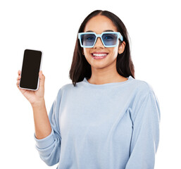 Happy woman, portrait and phone mockup with sunglasses in fashion isolated on a transparent PNG...