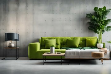 modern living room with green sofa. AI-Generated