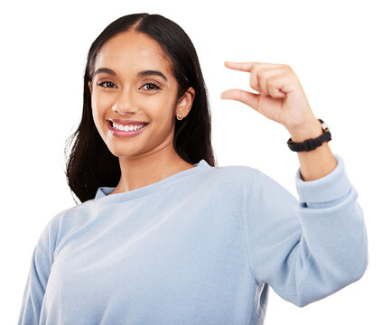 Small, hand and portrait of happy woman with size gesture on isolated, transparent or png background. Finger, scale and lady face with close, measurement or emoji for review, feedback or tiny growth