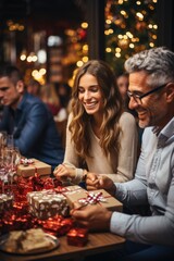 People are sharing gift boxes at the christmas party. Generative AI