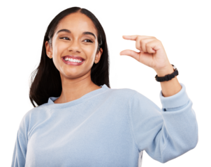 Hand, small and size by happy woman with little gesture on isolated, transparent or png background. Finger, scale and lady smile with close, measurement or emoji for review, feedback or tiny growth