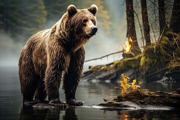 Obraz na płótnie Canvas A bear stands near a river by a forest. (Generative AI)
