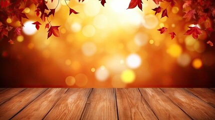 Naklejka na ściany i meble The autumn nature skyline creates an exuberant image on the empty wooden table top. (Generative AI)