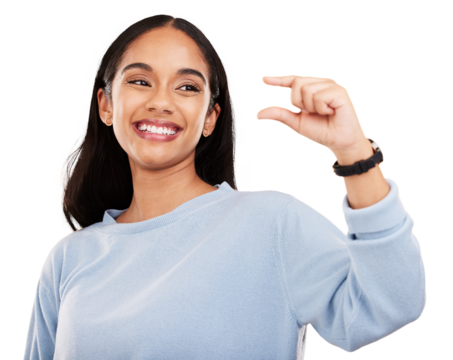 Hand, small and size by happy woman with little gesture on isolated, transparent or png background. Finger, scale and lady smile with close, measurement or emoji for review, feedback or tiny growth